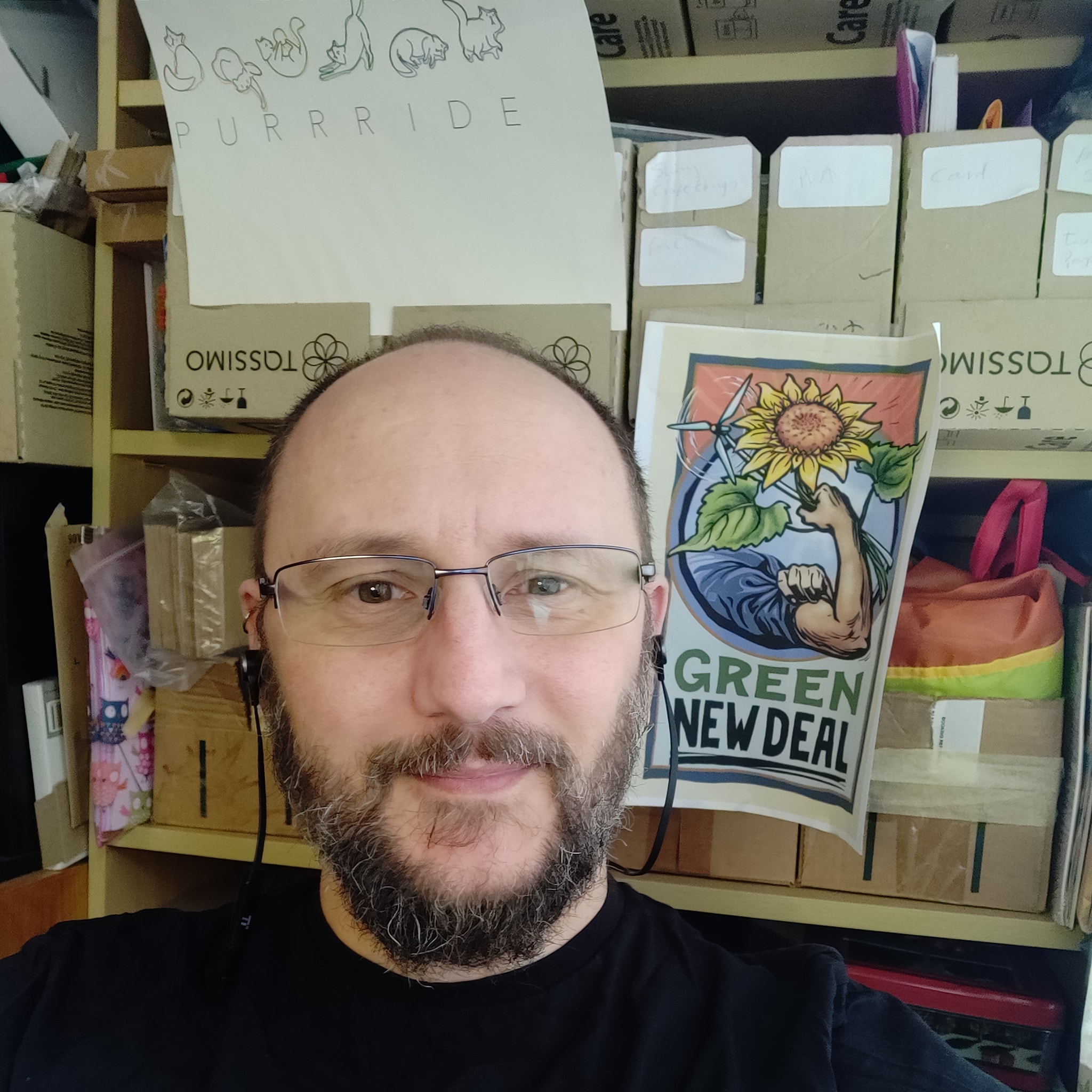 Owen Blacker, a white man with glasses, short hair and a greying beard. Behind him is a poster about a Green New Deal, in the style of Rosie the Riveter, with her arm holding a large sunflower and the tower of a wind turbine. Also visible is a rainbow-coloured poster featuring cats and the word “Purrride”